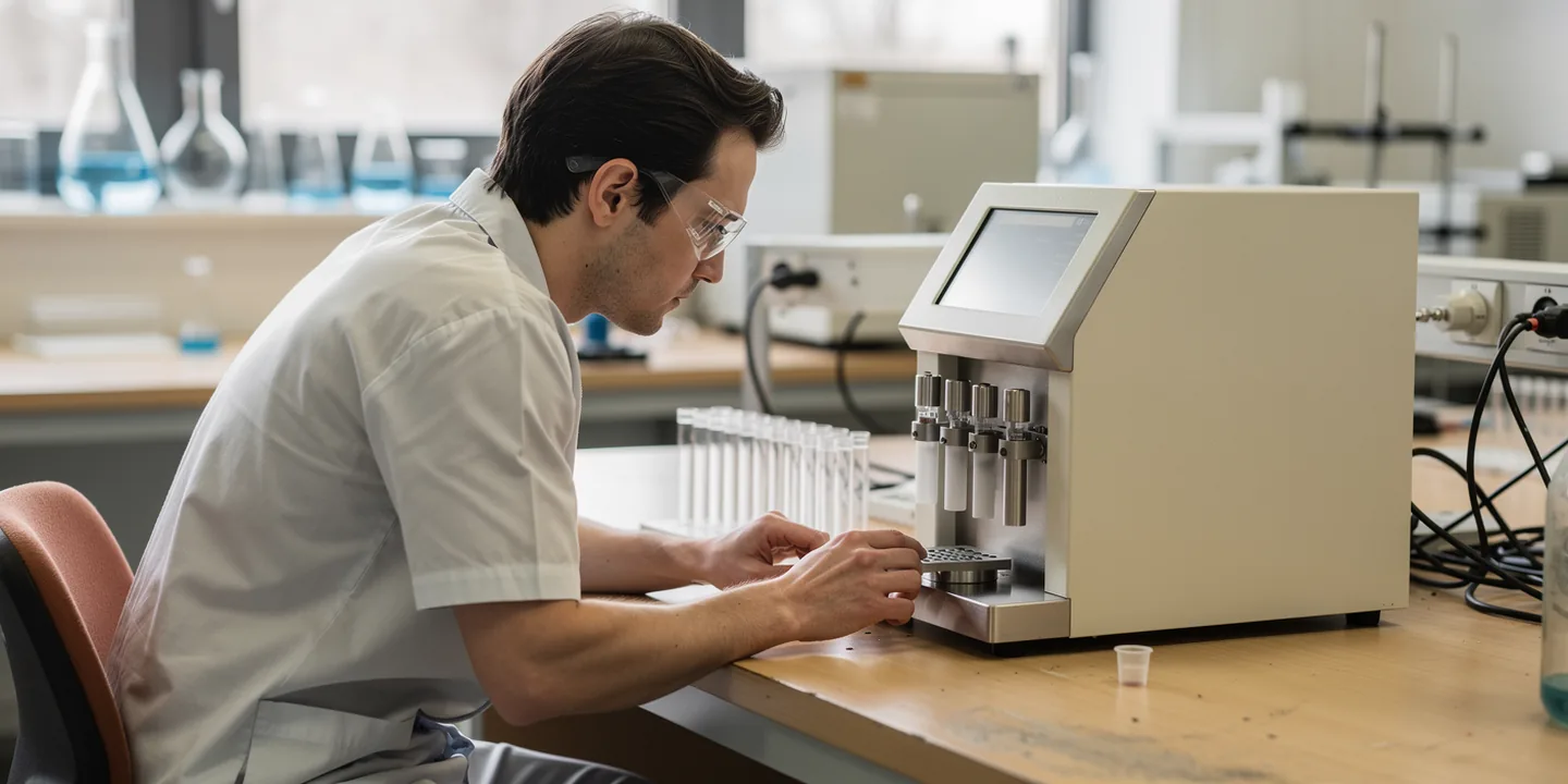 A technician examining a laboratory separation instrument beside unmarked sample holders