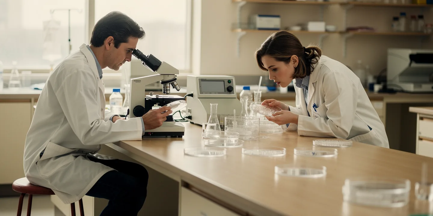 Two laboratory researchers comparing cell-culture plates at a bright workbench