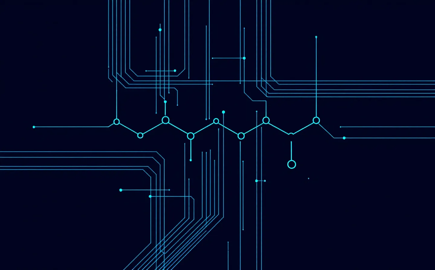 Teal line-art schematic of a five-residue peptide chain on a dark terminal canvas