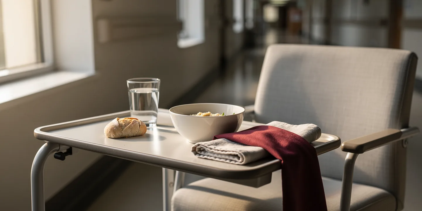 A simple meal tray with a bowl, bread and water beside an empty hospital chair