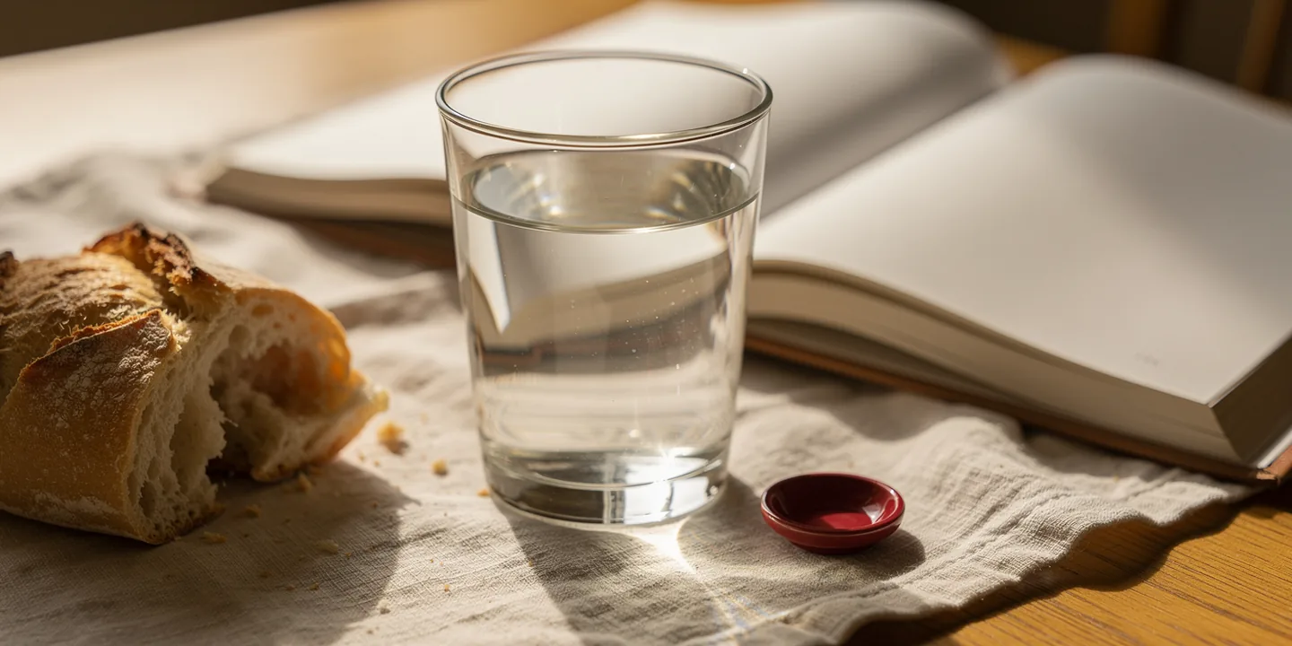 A clear glass of water, bread and an open book on a sunlit kitchen table