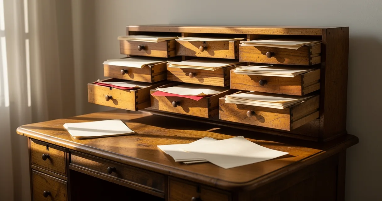 Open wooden cabinet drawers holding folded papers above a cream reading desk